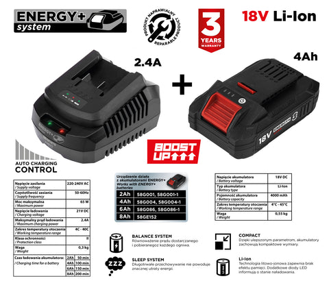 Akkumulátor (1x4Ah) + töltő szett, Boost Up, ENERGY+ gépekhez
