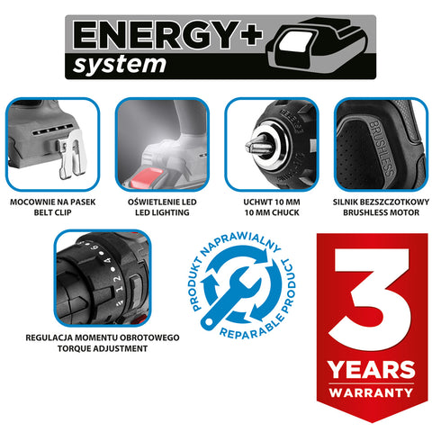 GRAPHITE 58GE139 Akkus szénkefementes fúró, csavarozó, Energy+, 18V Kompakt méret, 10mm-es tokmány, akku nélkül
