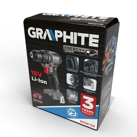 GRAPHITE 58GE139 Akkus szénkefementes fúró, csavarozó, Energy+, 18V Kompakt méret, 10mm-es tokmány, akku nélkül