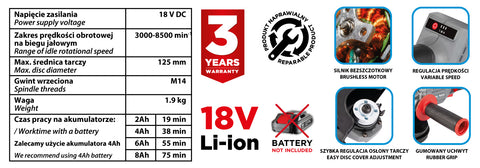 Akkus szénkefementes sarokcsiszoló, ENERGY+ 18V, 125mm, 3 fordulatszám fokozattal, akku nélkül