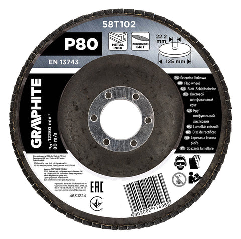 Csiszolókorong lamellás 125x22,2mm, P80 inox, fém, fa