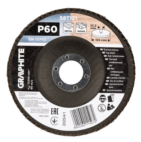 Csiszolókorong lamellás 125x22,2mm, P60 fém, fa, min.rendelés: 3db