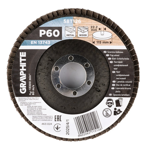 Csiszolókorong lamellás 115x22,2mm, P60 fém, fa, min.rendelés: 3db