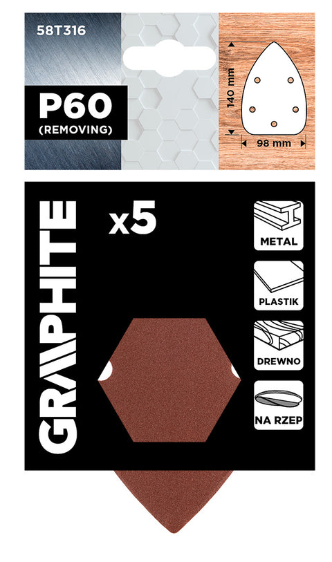 Csiszolópapír tépőzáras deltacsiszolóhoz 98x140mm, P60, 5 lyukas, 5db, min.rendelés: 3db