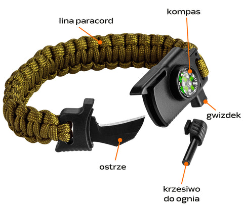 Túlélő karkötő 5az1-ben, 3.5m paracord(250kg-ig), kovakő, iránytű, kés, síp, zöld, szélessége 26mm