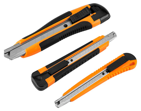 Törhető pengés kés készlet, 2db 9mm-es és 1db 18mm-es kés, 10db 18mm-es és 10db 9mm-es pótpenge