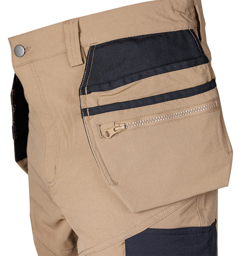 Munkásnadrág, Mix&Match, 4 irányú sztreccs, 230g/m2, külső csavarzsebekkel, cordura megerősítésekkel, bézs-fekete, több méretben