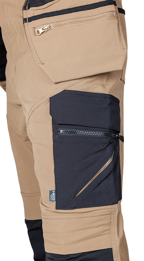 Munkásnadrág, Mix&Match, 4 irányú sztreccs, 230g/m2, külső csavarzsebekkel, cordura megerősítésekkel, bézs-fekete, több méretben