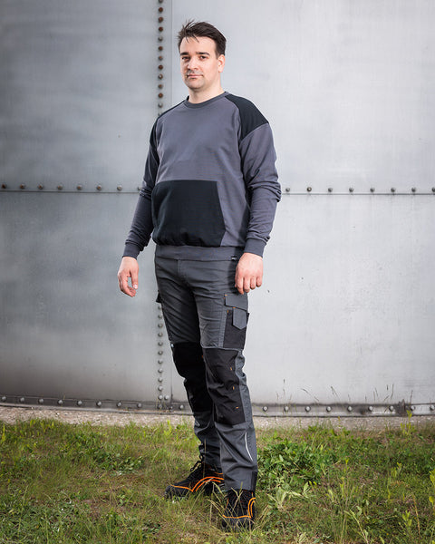 Munkásnadrág Mix&Match Canvas, 280g/m2, 64% poliészter, 34% pamut, 2% elasztán, külső zsebekkel, Cordura megerősítéssel, névtábla tartóval, fényvisszaverő betétekkel, szürke-fekete, több méretben