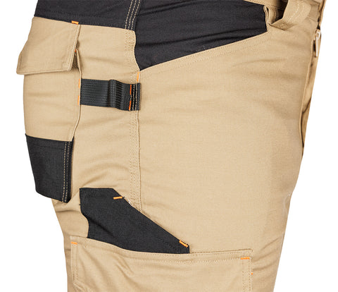 Munkásnadrág Mix&Match Canvas, 280g/m2, 64% poliészter, 34% pamut, 2% elasztán, külső zsebekkel, Cordura megerősítéssel, névtábla tartóval, fényvisszaverő betétekkel, bézs-fekete, több méretben