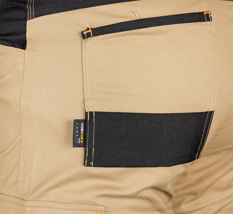 Munkásnadrág Mix&Match Canvas, 280g/m2, 64% poliészter, 34% pamut, 2% elasztán, külső zsebekkel, Cordura megerősítéssel, névtábla tartóval, fényvisszaverő betétekkel, bézs-fekete, több méretben