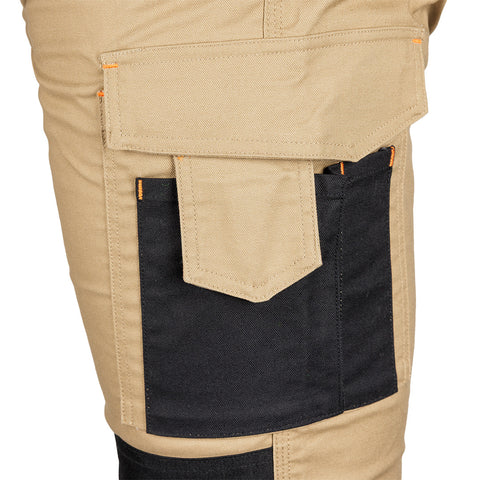 Munkásnadrág Mix&Match Canvas, 280g/m2, 64% poliészter, 34% pamut, 2% elasztán, külső zsebekkel, Cordura megerősítéssel, névtábla tartóval, fényvisszaverő betétekkel, bézs-fekete, több méretben