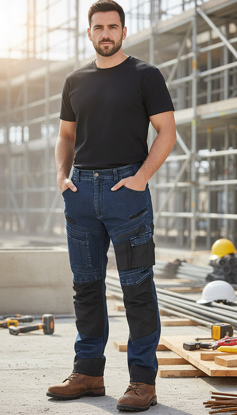 Farmer munkásnadrág, Denim, 82% pamut, Oxford szövet, térdvédő betét, cippzáras zsebek, kék-fekete, több méretben