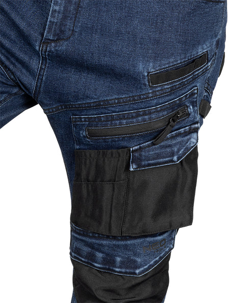 Farmer munkásnadrág, Denim, 82% pamut, Oxford szövet, térdvédő betét, cippzáras zsebek, kék-fekete, több méretben