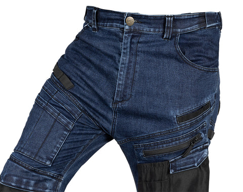 Farmer munkásnadrág, Denim, 82% pamut, Oxford szövet, térdvédő betét, cippzáras zsebek, kék-fekete, több méretben