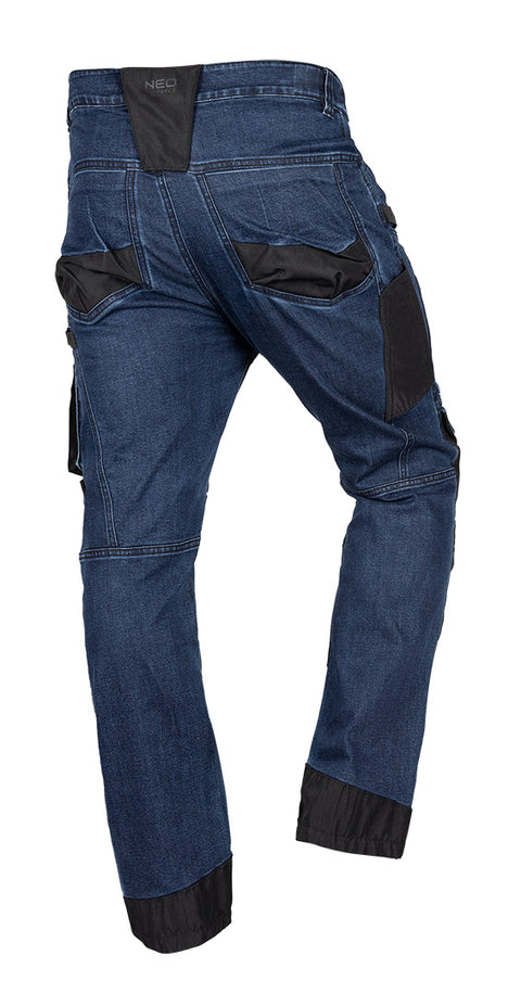 Farmer munkásnadrág, Denim, 82% pamut, Oxford szövet, térdvédő betét, cippzáras zsebek, kék-fekete, több méretben