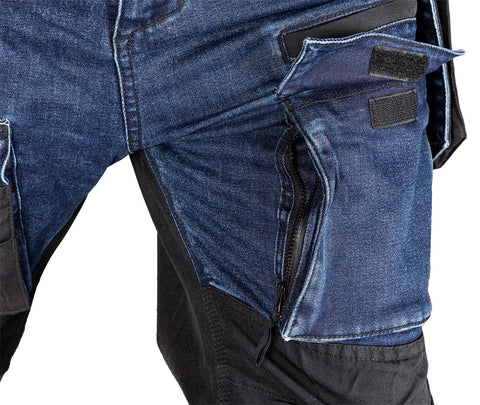 Farmer munkásnadrág, Denim, 82% pamut, Oxford szövet, Cordura betétek, cippzáras zsebek, kék-fekete, több méretben