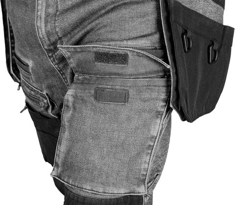 Farmer munkásnadrág, Denim, 82% pamut, Oxford szövet, Cordura betétek, cippzáras zsebek, szürke-fekete, több méretben