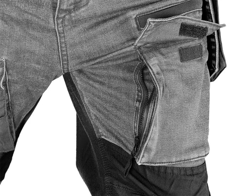 Farmer munkásnadrág, Denim, 82% pamut, Oxford szövet, Cordura betétek, cippzáras zsebek, szürke-fekete, több méretben