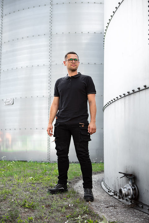 Munkavédelmi póló, galléros, DENIM, fekete, pique, 100% pamut, 196g/m2, több méretben