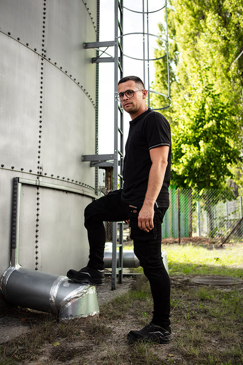 Munkavédelmi póló, galléros, DENIM, fekete, pique, 100% pamut, 196g/m2, több méretben