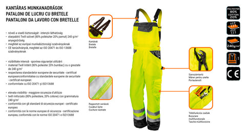 Láthatósági kantáros munkanadrág, lélegző, 240gsm, Polyester+pamut, sárga, több méretben