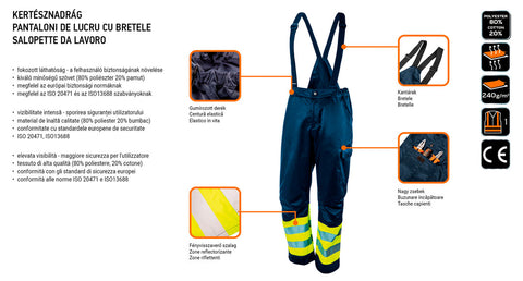 Kantáros munkanadrág, lélegző, 240gsm, polyester+pamut, tengerészkék, fényvisszaverő csíkokkal, több méretben