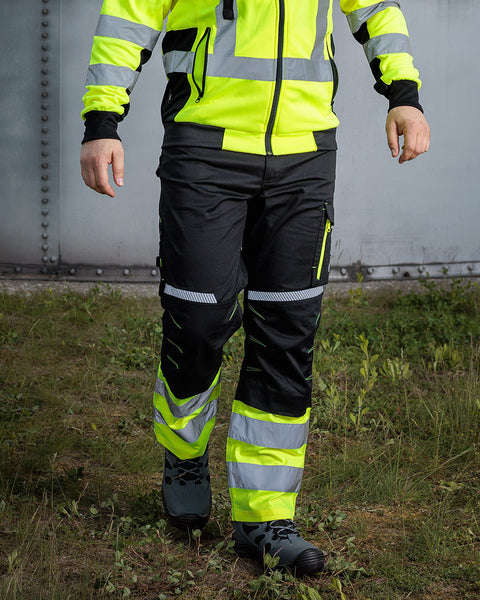 Láthatósági munkásnadrág, Mix&Match, 1. osztályú láthatóság, 240g/m2, 58%pamut, 40%poliészter,2%elasztán, külső zsebekkel, profilozott térdbetétekkel, fekete-sárga, több méretben