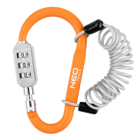 Lakat, karabiner, számzáras 110x62x12mm, 1m-es acélsodronnyal