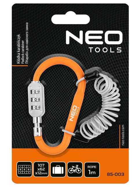 Lakat, karabiner, számzáras 110x62x12mm, 1m-es acélsodronnyal