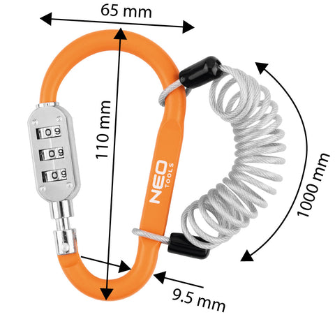 Lakat, karabiner, számzáras 110x62x12mm, 1m-es acélsodronnyal