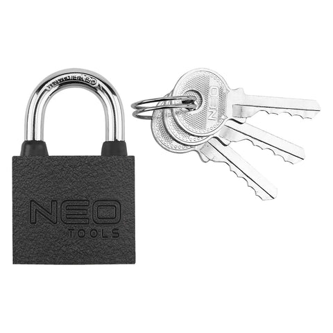 Lakat 30mm, festett öntvény-acél, időjárásálló, 3 kulccsal, NEO TOOLS