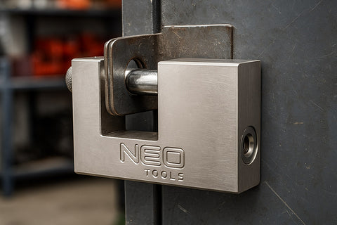 Lakat 90mm oldalcsapos, rézöntvény-acél, időjárásálló, 3 kulccsal, NEO TOOLS