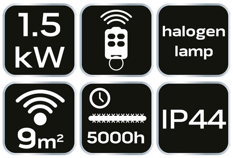 Halogén, infravörös mennyezeti hősugárzó 1500W, IP44, távirányitó, 9m2-ig, kül és beltérre