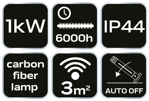 Halogén, infravörös álló hősugárzó 1000W, IP44, kül és beltéri, borulásvédelem, fogantyú, 3m2-ig