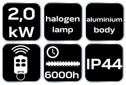 Halogén, infravörös mennyezeti hősugárzó 2000W, alumínium, távirányítóval