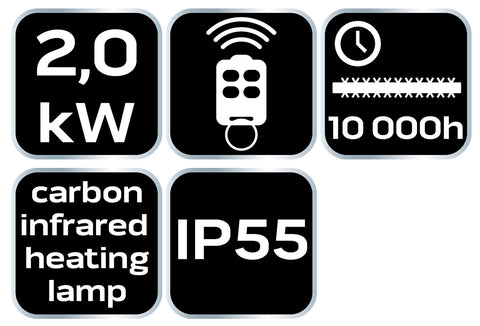 Ipari infravörös halogén hősugárzó, IP55, kültéri, 2000W, 32m2, mennyezet vagy fal