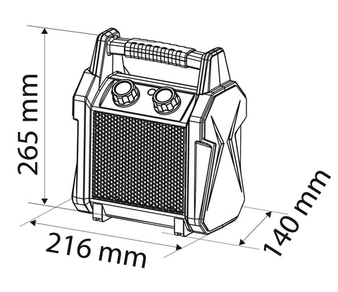 Ipari PTC elektromos kerámia hősugárzó 2 kW, termosztát, levehető fogantyú, borulásvédelem, 139 m3/óra