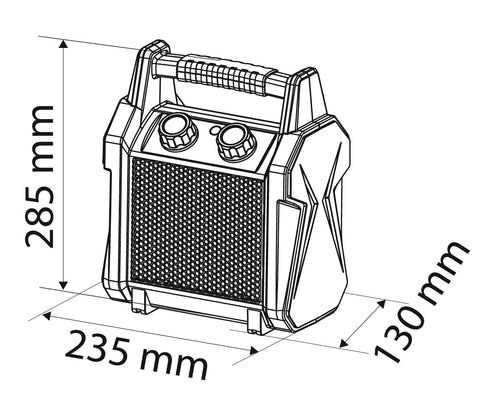 Ipari PTC elektromos kerámia hősugárzó 3 kW, termosztát, levehető fogantyú, borulásvédelem, 210 m3/óra