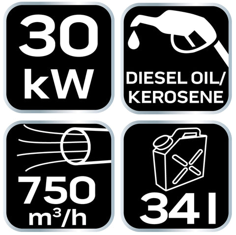 Gázolajos hőlégbefúvó, 30kW, 34L, fogyasztás 2.8L/óra, teljesítmény 750 m3/óra, kerekekkel