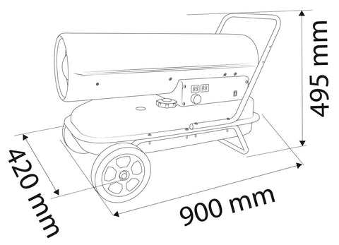 Gázolajos hőlégbefúvó, 30kW, 34L, fogyasztás 2.8L/óra, teljesítmény 750 m3/óra, kerekekkel