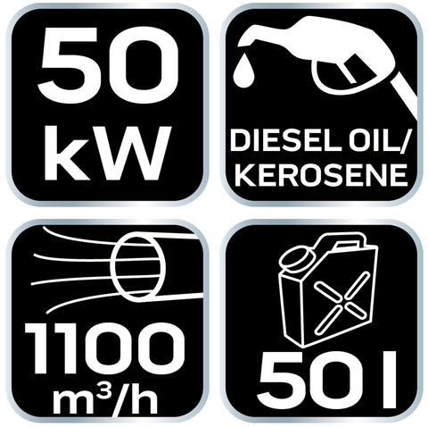 Gázolajos hőlégbefúvó, 50kW, 50L, fogyasztás 4.7L/óra, teljesítmény 1100 m3/óra, kerekekkel