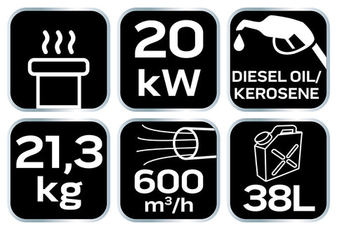 Gázolajos hőlégbefúvó, 20kW, égéstermék elvezetéssel