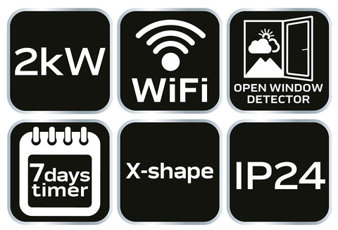 Elektromos fűtőpanel 2000W, IP24, WiFi, Tuya app, érintőpanel, távirányító, 24 óra programozhatóság