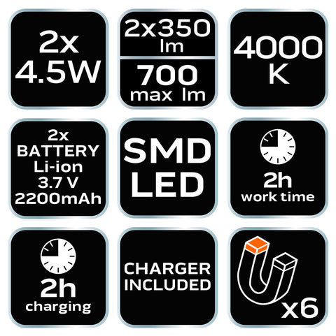 Akkus 2az1-ben szétszedhető műhely-vizsgálólámpa, tölthető, 2x350 lum, SMD LED