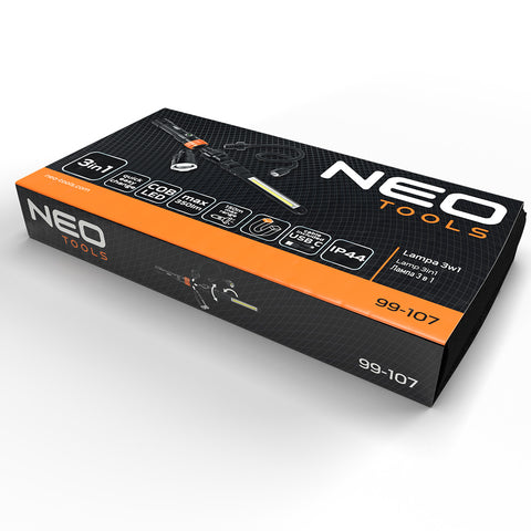 NEO TOOLS 99-107 Akkus 3az1-ben vizsgálólámpa, tölthető, 350lum COB LED, 3W, IP44