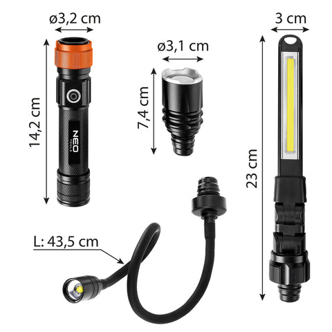 NEO TOOLS 99-107 Akkus 3az1-ben vizsgálólámpa, tölthető, 350lum COB LED, 3W, IP44