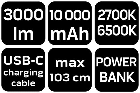 Reflektor, akkus, álló, teleszkópos lábbal, 3000lum