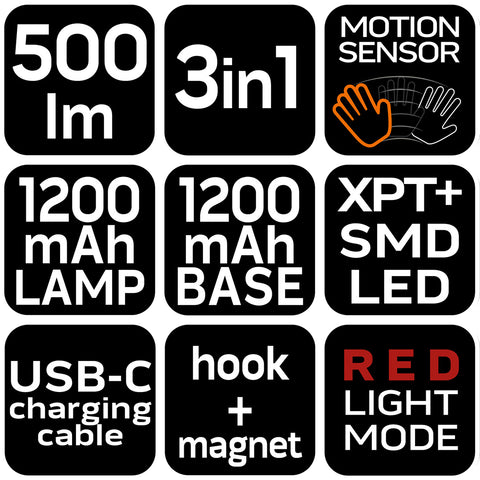 Fejlámpa, akkus, talppal, fejpánttal, tokkal, 500lm