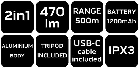 Kempinglámpa 2 funkciós, 470 lm, 1200 mAh akku, USB-C töltővezeték